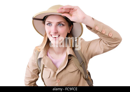 Frau mit Safari Hut auf weiß Stockfoto