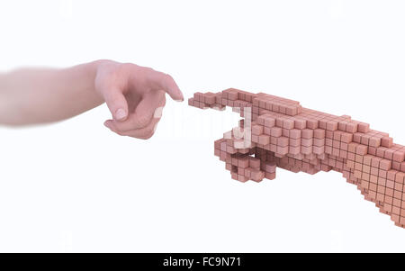 Simulation der Realität-Vs - echte menschliche Hand und die virtuelle Version aus Voxeln gemacht Stockfoto