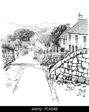 Großbritannien, England, Derbyshire, Stanton in Peak Stein gebaute Häuser, Hauptstraße in1911 Linie Illustration von Sydney R Jones Stockfoto