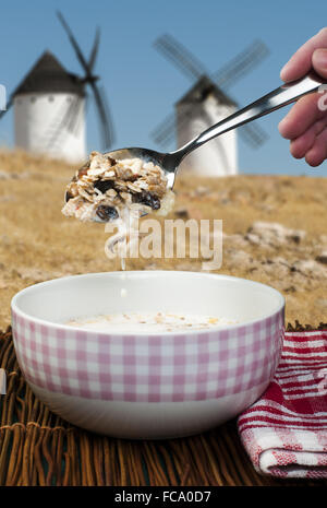 Müsli-Frühstück in einer Schüssel und Mühlen Stockfoto