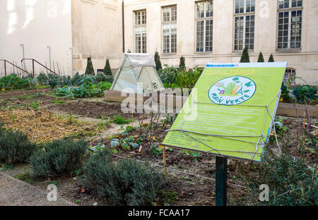 Info-Tafel, experimentelle ökologische Reserve, der Biodiversität, Le Jardin des Rosiers, Marais, Paris, Frankreich. Stockfoto