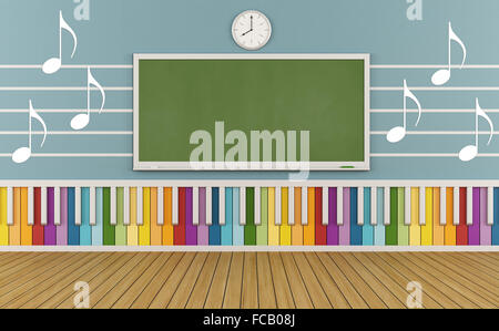 Klassenzimmer der Musikschule mit bunten Tastatur und Noten auf der Wand-3D-Rendering Stockfoto