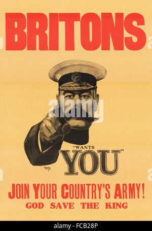 „Lord Kitchener Wants You“-Rekrutierungsplakat für die britische Armee im Ersten Weltkrieg. Es wurde ursprünglich als Frontcover für das Massenmarktmagazin „London Opinion“ in einer Ausgabe von 1914 entworfen und wurde während des Krieges wahrscheinlich nie als Poster verwendet. Stockfoto