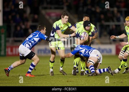 AJ-Bell-Stadion, Verkauf, UK. 21. Januar 2016. European Challenge Cup. Sale Sharks im Vergleich zu Newport Gwent Drachen. Sale Sharks Nummer 8, die Josh Beaumont in Angriff genommen wird. Bildnachweis: Aktion Plus Sport/Alamy Live-Nachrichten Stockfoto