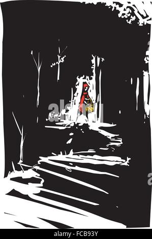 Holzschnitt Stil expressionistische Bild von red Riding Hood in den dunklen Wald Stock Vektor