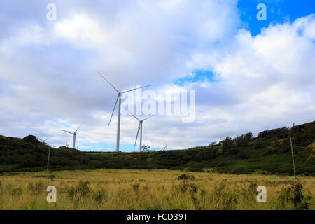 Grüner Energie ist bei dieser massiven Windpark wo Turbinen die Hügel in Oahu Hawaii Linie gelagert. Nachhaltige, erneuerbare Energie. Stockfoto