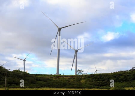 Grüner Energie ist bei dieser massiven Windpark wo Turbinen die Hügel in Oahu Hawaii Linie gelagert. Nachhaltige, erneuerbare Energie. Stockfoto