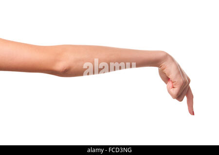 Eine Frau drückt einen Finger... Stockfoto