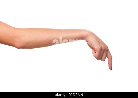 Eine Frau drückt einen Finger... Stockfoto