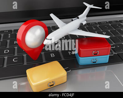 3D Renderer Abbildung. Reise-Koffer und Flugzeug auf Computer-Tastatur. Online-Buchung Flug oder Reise-Konzept. Stockfoto