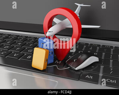 3D Renderer Abbildung. Reise-Koffer und Flugzeug auf Computer-Tastatur. Online-Buchung Flug oder Reise-Konzept. Stockfoto