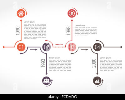 Horizontale Zeitachse Entwurfsvorlage mit Zahlen, Symbolen, Termine und Ort für text Stockfoto