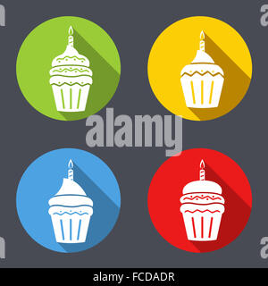 Satz von Geburtstag Cupcakes mit Kerzen, flachen Design-Ikonen Stockfoto