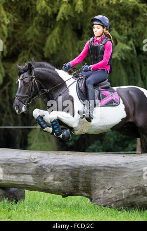 Pinto-Pony. Mädchen auf einem Skewbal Pony, die Verhandlungen über ein Hindernis während der Langlauf Fahrt. Deutschland Stockfoto