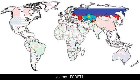 alte Vintage politische Landkarte der Welt mit Nationalflaggen Stockfoto