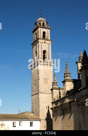 Kathedrale Kirchenglocke Turm Belfried in Jerez De La Frontera, Provinz Cadiz, Spanien gegen blauen Himmel Stockfoto