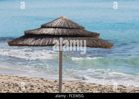 Detail der geflochtenen Sonnenschirme über Reihen am Strand in Zypern. Stockfoto