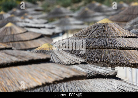 Detail der geflochtenen Sonnenschirme über Reihen am Strand in Zypern. Stockfoto