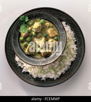 Thai grüne curry Huhn mit Reis in Schalen serviert Stockfoto