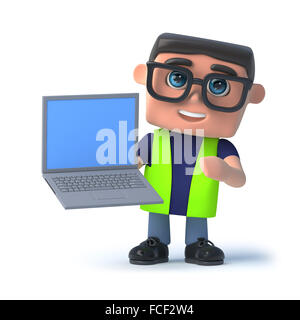 3D Rendering eines Arbeitsschutz -Offizier hält einen Laptop. Stockfoto