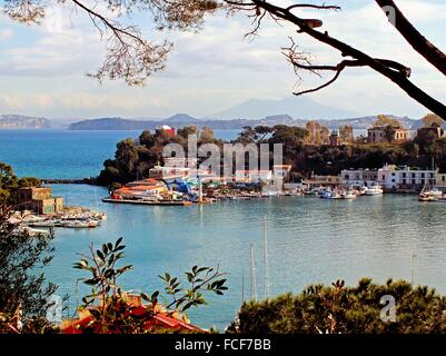 Mit Blick auf den Hafen von Ischia Porto auf tiefstehende Sonne. Die dunkle Farbe des Meeres macht einen schönen Kontrast mit dem helleren Blau des Himmels. Im Hintergrund die Insel Procida und den Vesuv. Stockfoto