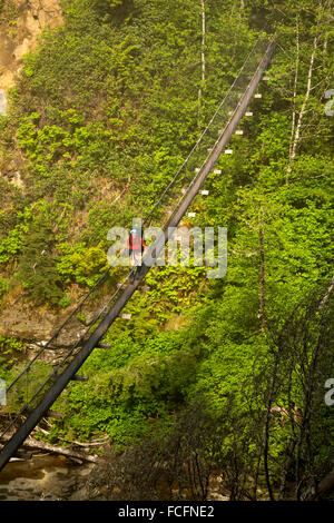 BRITISH COLUMBIA - Wanderer überqueren die Hängebrücke über Logan Creek an einem nebligen Morgen entlang der Westküste von Vancouver Island. Stockfoto