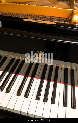 Aufnahme eines schwarzen Steinway & Söhne Modell b-Flügel mit dem Deckel geöffnet und zeigt die Tasten, Saiten und Logo hautnah Stockfoto