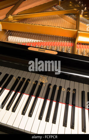 Aufnahme eines schwarzen Steinway & Söhne Modell b-Flügel mit dem Deckel geöffnet und zeigt die Tasten, Saiten und Logo hautnah Stockfoto