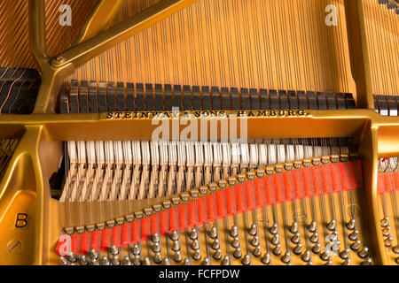 Aufnahme eines schwarzen Steinway & Söhne Modell b Flügels mit dem Deckel offen zeigt die Saiten und innen hautnah Stockfoto