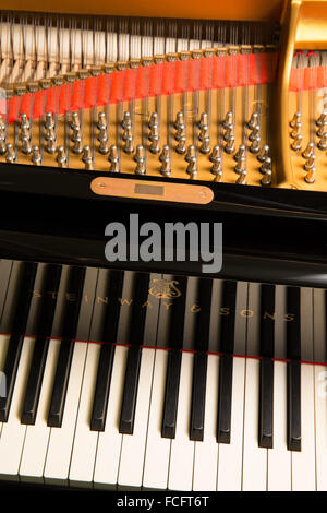 Aufnahme eines schwarzen Steinway & Söhne Modell b-Flügel mit dem Deckel geöffnet und zeigt die Tasten, Saiten und Logo hautnah Stockfoto