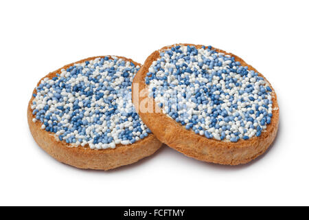 "Beschuit met Muisjes, eine traditionelle Behandlung zur Feier der Geburt eines Kindes in den Niederlanden. Blau für einen jungen Stockfoto