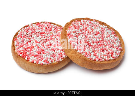 "Beschuit met Muisjes, eine traditionelle Behandlung zur Feier der Geburt eines Kindes in den Niederlanden. Rosa für ein Mädchen Stockfoto
