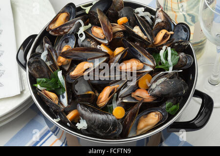 Pfanne mit frisch gekochten Muscheln essfertig Stockfoto