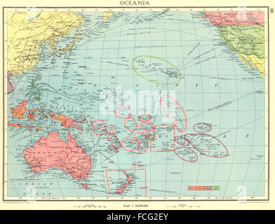 Australien: Oceania; Britische Niederländisch Französisch uns Besitz Kolonien, 1938 Karte Stockfoto