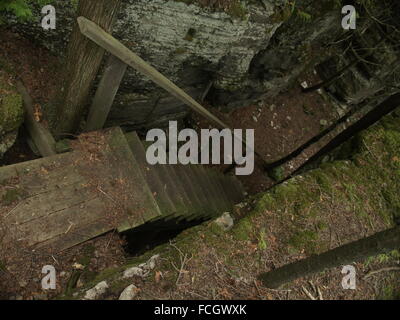 Holztreppe mit großen Felsen Mauer umgeben von Moos entlang Wanderweg auf Manitoulin Island in Ontario, Kanada. Stockfoto