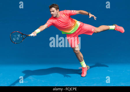 Melbourne, Australien. 23. Januar 2016. Stan Wawrinka der Schweiz in Aktion in einem 3. Runde match gegen Lukas Rosol der Tschechischen Republik am sechsten Tag des 2016 Australian Open Grand Slam Tennis-Turnier im Melbourne Park in Melbourne, Australien. Sydney Low/Cal Sport Media/Alamy Live-Nachrichten Stockfoto