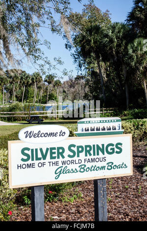 Florida, Süd, Silver Springs, State Park, Silver River Wasser, Schild, Glasbodenboote, willkommen, Besucher reisen Reise touristischer Tourismus Wahrzeichen lan Stockfoto