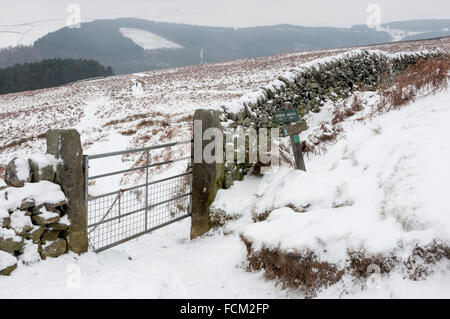 Tor in einer Trockensteinmauer auf den Hügeln oberhalb der Derwent Valley in Derbyshire an einem verschneiten Wintertag. Stockfoto