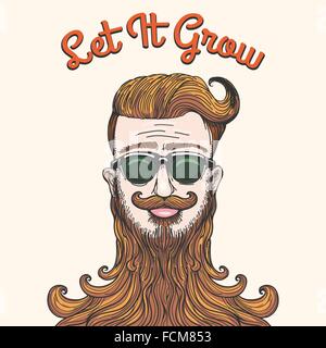 Hipster mit riesigen Bart und Formulierung wachsen lassen. Humorvolle Skizze Stil Illustration. Kostenlose Schriftart verwendet. Stock Vektor