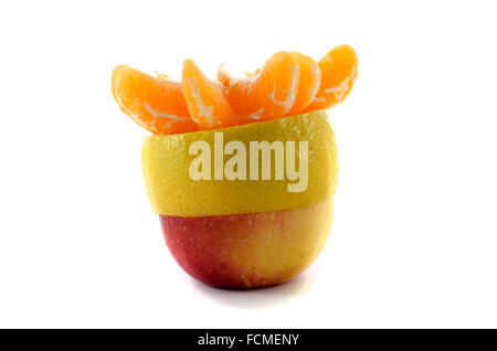 Apfel-Zitrone und Mandarine Scheiben isoliert auf weißem Hintergrund Stockfoto