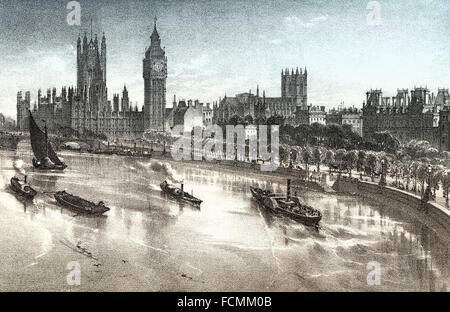 Die Thames Embankment, 19. Jahrhundert, Themse im Zentrum von London, England Stockfoto