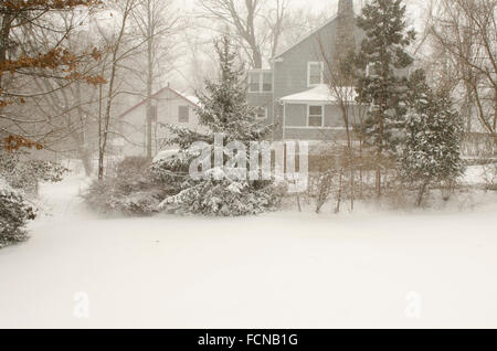 Chappaqua, New York, USA. 23. Januar 2016. Die erste Blizzard 2016 Hits der New Yorker Vorort Chappaqua im Westchester County mit Wind Böen Whiteout Voraussetzungen geschaffen und landet auf 20 Zoll Schnee vor dem Schneesturm prügelten Prognose der Ostküste. Bildnachweis: 2016 Marianne Campolongo/Alamy Live News Nr. Property-Release sondern vom Fotografen Hof mit Blick auf andere Eigenschaften. Stockfoto