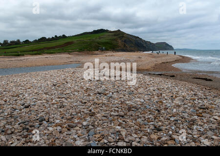 Charmouth Strand auf Großbritanniens Jurassic Coast. Schindel im Vordergrund, Meer und Klippen hinaus. Stockfoto