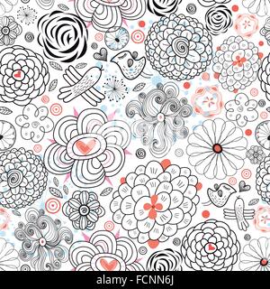 Dekorative nahtlose Grafik Blumenmuster mit Vögel in der Liebe auf weißem Hintergrund Stock Vektor