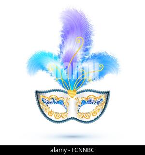 Weiße Karnevalsmaske mit blauen Federn und goldenen Glitzer isoliert auf weißem Hintergrund Stock Vektor