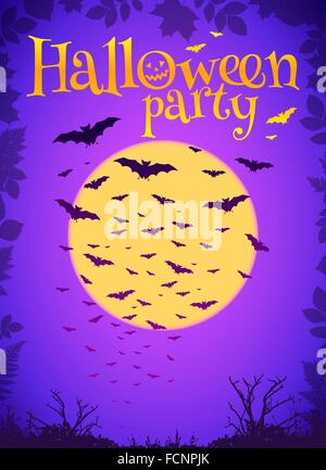 Lila Halloween Party Hintergrund mit fliegenden Fledermäuse und gelber Mond Stock Vektor