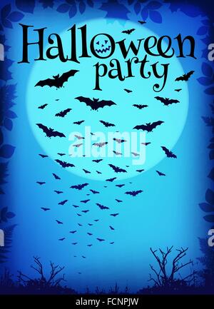 Halloween Party Hintergrund mit fliegenden Fledermäuse und große Mond Blau Stock Vektor