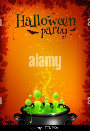 Orange Halloween-Plakat-Vorlage mit grünen Zaubertrank in schwarze große Kessel Stock Vektor