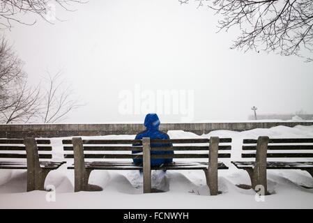 New York, USA. 23. Januar 2016.  Person sitzt alleine auf Bank in Brooklyn Heights inmitten der Berge von Schnee während Blizzard Credit: Joseph Reid/Alamy Live News Stockfoto