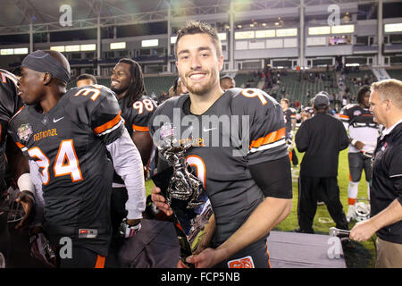 Carson, CA. 23. Januar 2016. Nationalteam-Kicker Andrew Baggett (9), der Missouri Spieler des Spiels. NFLPA College Bowl am StubHub Center in Carson, CA. Nationalmannschaft besiegte das amerikanische Team 18-15. Jordon Kelly/CSM/Alamy Live-Nachrichten Stockfoto